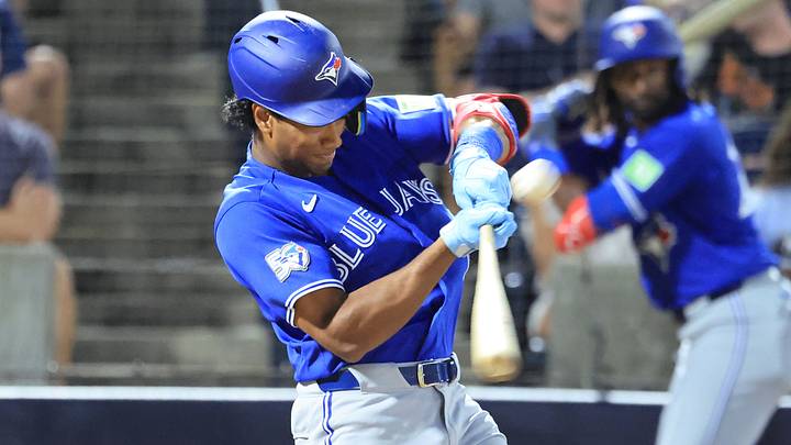 Mar 11, 2026; Tampa, Florida, USA;  Toronto Blue Jays infielder Arjun Nimmala (18) singles during the fifth inning against the New York Yankees at George M. Steinbrenner Field. Mandatory Credit: Kim Klement Neitzel-Imagn Images