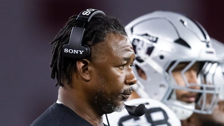 Aug 23, 2025; Glendale, Arizona, USA; Las Vegas Raiders defensive coordinator Patrick Graham against the Arizona Cardinals during a preseason NFL game at State Farm Stadium. Mandatory Credit: Mark J. Rebilas-Imagn Images