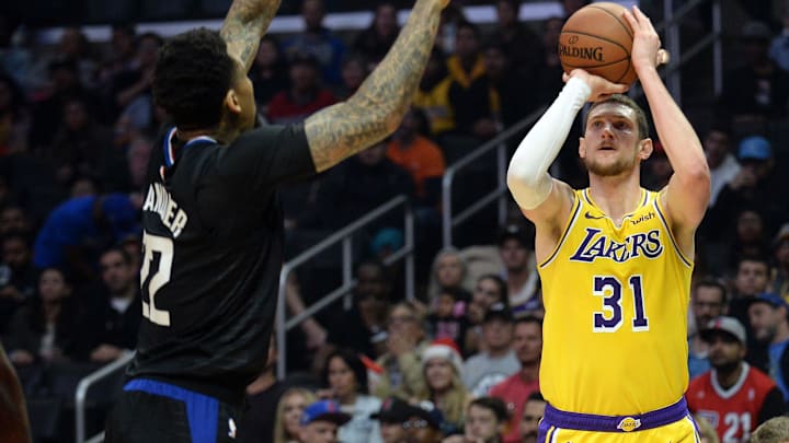 April 5, 2019; Los Angeles, CA, USA; Los Angeles Lakers forward Mike Muscala (31) shoots against Los Angeles Clippers forward Wilson Chandler (22) during the first half at Staples Center. Mandatory Credit: Gary A. Vasquez-Imagn Images April 5, 2019; Los Angeles, CA, USA; Los Angeles Lakers forward Mike Muscala (31) shoots against Los Angeles Clippers forward Wilson Chandler (22) during the first half at Staples Center. Mandatory Credit: Gary A. Vasquez-Imagn Images