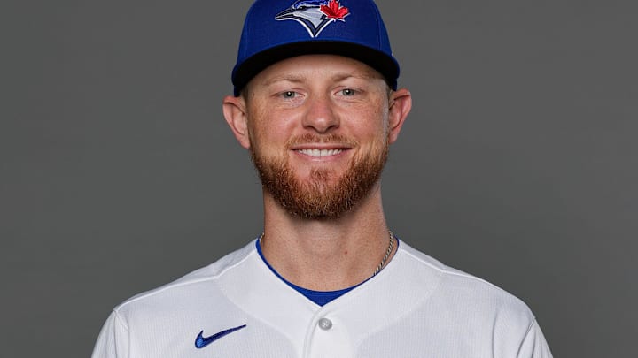 Feb 20, 2026; Dunedin, FL, USA; Toronto Blue Jays pitcher Eric Lauer (56) poses for a photo during media day at the Player Development Complex Feb 20, 2026; Dunedin, FL, USA; Toronto Blue Jays pitcher Eric Lauer (56) poses for a photo during media day at the Player Development Complex
