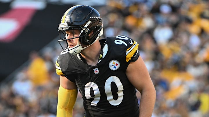 Nov 2, 2025; Pittsburgh, Pennsylvania, USA; Pittsburgh Steelers linebacker T.J. Watt (90) lines up against the Indianapolis Colts during the first half at Acrisure Stadium. Mandatory Credit: Barry Reeger-Imagn Images Nov 2, 2025; Pittsburgh, Pennsylvania, USA; Pittsburgh Steelers linebacker T.J. Watt (90) lines up against the Indianapolis Colts during the first half at Acrisure Stadium. Mandatory Credit: Barry Reeger-Imagn Images
