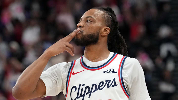 Mar 31, 2026; Inglewood, California, USA;  LA Clippers guard Darius Garland (10) reacts after a play during the first half against the Portland Trail Blazers at Intuit Dome. Mandatory Credit: Kirby Lee-Imagn Images