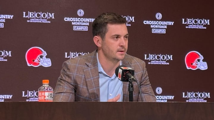 Tommy Rees speaks to reporters during his introductory news conference as Cleveland Browns offensive coordinator.