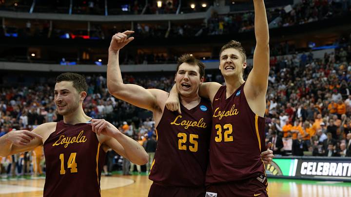 Mar 17, 2018; Dallas, TX, USA; Loyola (Il) Ramblers guard Ben Richardson (14) and center Cameron Krutwig (25) and center Carson Shanks (32) react after the victory against the Tennessee Volunteers in the second round of the 2018 NCAA Tournament at American Airlines Center. Mandatory Credit: Matthew Emmons-USA TODAY Sports Mar 17, 2018; Dallas, TX, USA; Loyola (Il) Ramblers guard Ben Richardson (14) and center Cameron Krutwig (25) and center Carson Shanks (32) react after the victory against the Tennessee Volunteers in the second round of the 2018 NCAA Tournament at American Airlines Center. Mandatory Credit: Matthew Emmons-USA TODAY Sports