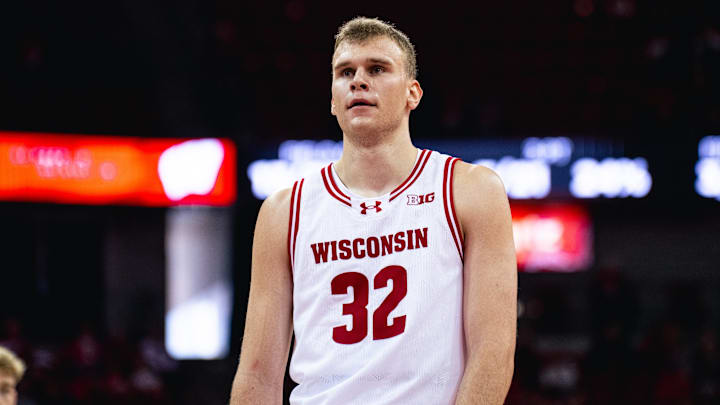 Wisconsin freshman forward Aleksas Bieliauskas looks on during the Red-White Scrimmage on October 19, 2025.
