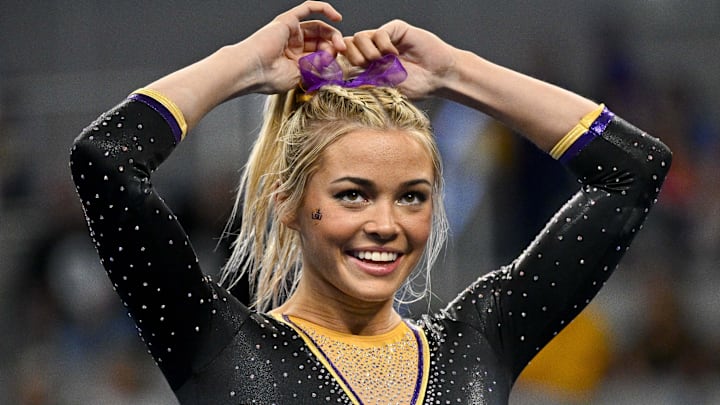 LSU Tigers gymnast Livvy Dunne warms up on floor during the 2024 NCAA Women's National Gymnastics Semifinals at Dickies Arena. LSU Tigers gymnast Livvy Dunne warms up on floor during the 2024 NCAA Women's National Gymnastics Semifinals at Dickies Arena.