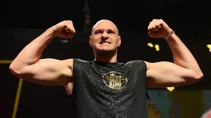 Feb 21, 2020; Las Vegas, Nevada, USA; Tyson Fury weighs in for his world heavyweight championship boxing match against Deontay Wilder (not pictured) at MGM Grand Garden Arena. Mandatory Credit: Joe Camporeale-Imagn Images