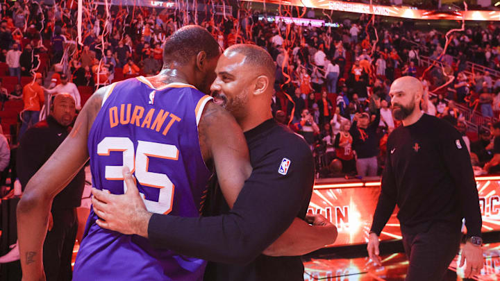 Feb 12, 2025; Houston, Texas, USA; Phoenix Suns forward Kevin Durant (35) hugs Houston Rockets head coach Ime Udoka after a game at Toyota Center. Mandatory Credit: Thomas Shea-Imagn Images Feb 12, 2025; Houston, Texas, USA; Phoenix Suns forward Kevin Durant (35) hugs Houston Rockets head coach Ime Udoka after a game at Toyota Center. Mandatory Credit: Thomas Shea-Imagn Images