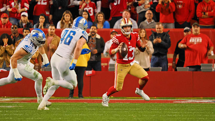 Jan 28, 2024; Santa Clara, California, USA; San Francisco 49ers quarterback Brock Purdy (13) looks to pass the ball against the Detroit Lions during the second half of the NFC Championship football game at Levi's Stadium. Mandatory Credit: Kelley L Cox-Imagn Images Jan 28, 2024; Santa Clara, California, USA; San Francisco 49ers quarterback Brock Purdy (13) looks to pass the ball against the Detroit Lions during the second half of the NFC Championship football game at Levi's Stadium. Mandatory Credit: Kelley L Cox-Imagn Images