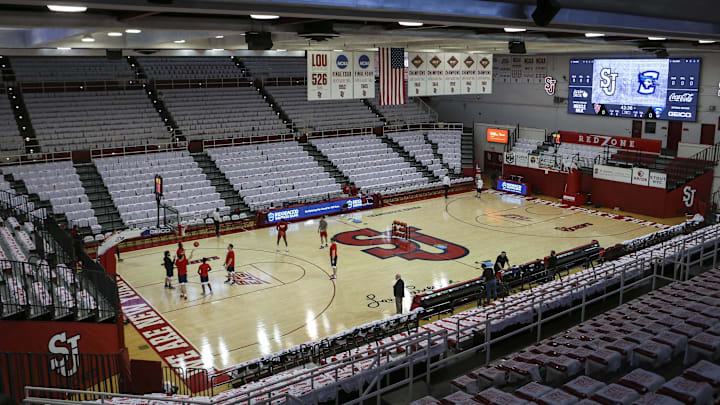 Feb 23, 2022; Queens, New York, USA;  T shirts and rally towels are placed on the seats as part of a    White Out    game prior to the game between the Creighton Blue Jays and the St. John basketball game at Carnesecca Arena. 