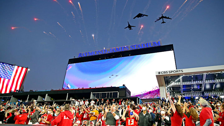 Feb 4, 2021; Tampa, FL, USA;  The Air Force performs a fly over during the national anthem before last year's Super Bowl.