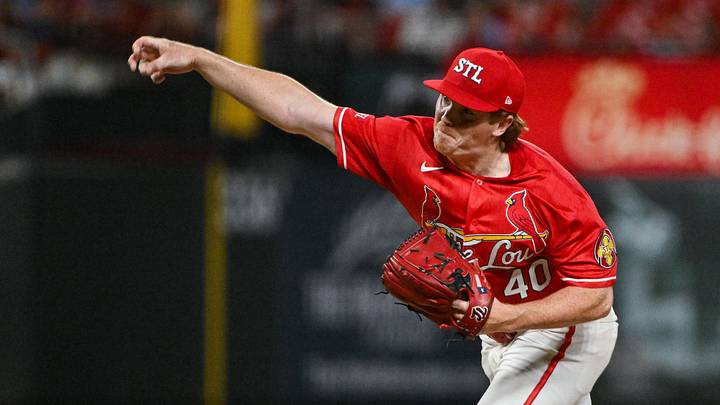 Jun 5, 2026; St. Louis, Missouri, USA; St. Louis Cardinals pitcher Hunter Dobbins (40) pitches against the Cincinnati Reds during the ninth inning at Busch Stadium. Mandatory Credit: Jeff Curry-Imagn Images
