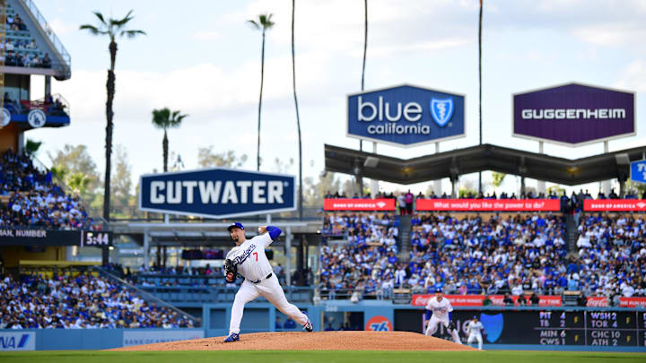 Apr 2, 2025; Los Angeles, California, USA; Los Angeles Dodgers pitcher Blake Snell (7) throws during the first inning against the Atlanta Braves at Dodger Stadium. Mandatory Credit: Gary A. Vasquez-Imagn Images