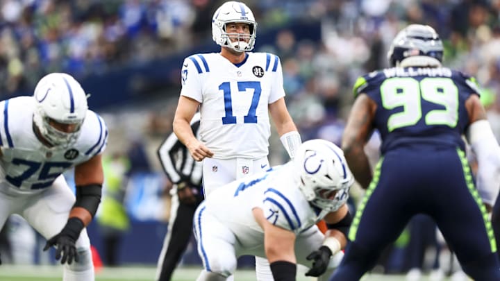 Dec 14, 2025; Seattle, Washington, USA; Indianapolis Colts quarterback Philip Rivers (17) stands in a shotgun formation before a snap against the Seattle Seahawks during the second quarter at Lumen Field. Mandatory Credit: Kevin Ng-Imagn Images