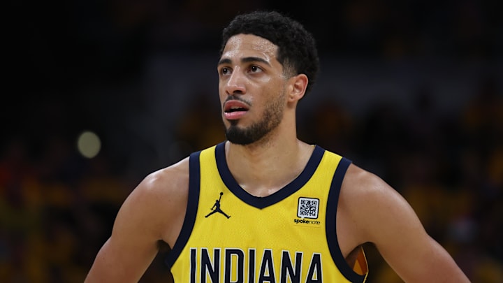 May 27, 2025; Indianapolis, Indiana, USA; Indiana Pacers guard Tyrese Haliburton (0) stands on court during the second quarter against the New York Knicks of game four of the eastern conference finals for the 2025 NBA Playoffs at Gainbridge Fieldhouse. Mandatory Credit: Trevor Ruszkowski-Imagn Images