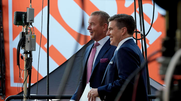 Oct. 4, 2025; Tuscaloosa, Alabama, USA; Kirk Herbstreit and Rece Davis come onto the set at ESPN’s College GameDay on location on the Quad at the University of Alabama before the Alabama versus Vanderbilt game.