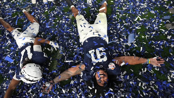 Penn State defensive end Dvon J-Thomas celebrates after the Nittany Lions beat the Boise State Broncos in the Fiesta Bowl.