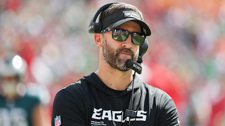 Sep 28, 2025; Tampa, Florida, USA; Philadelphia Eagles head coach Nick Sirianni looks on during the second half against the Tampa Bay Buccaneers at Raymond James Stadium. Mandatory Credit: Kim Klement Neitzel-Imagn Images