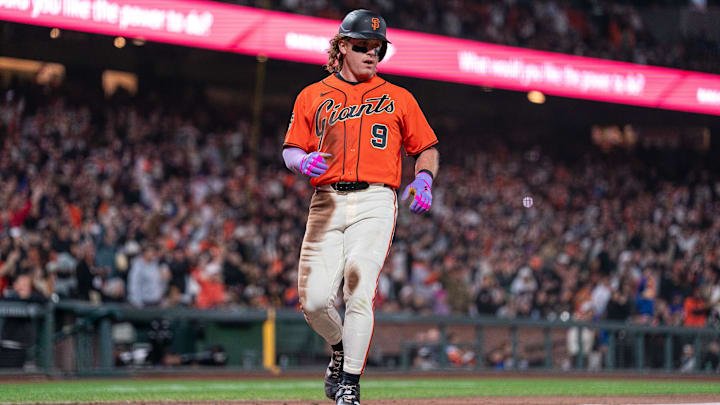 Apr 3, 2026; San Francisco, California, USA; San Francisco Giants center fielder Harrison Bader (9) scores on an RBI double by San Francisco Giants shortstop Willy Adames (not pictured) against the New York Mets during the sixth inning at Oracle Park. Mandatory Credit: Neville E. Guard-Imagn Images