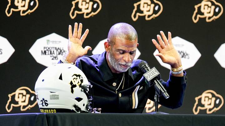 Colorado head coach Deion Sanders speaks to reporters during Big 12 Conference Football Media Days at The Star. Colorado head coach Deion Sanders speaks to reporters during Big 12 Conference Football Media Days at The Star.