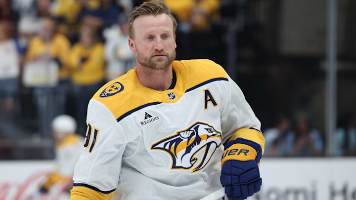 Apr 10, 2025; Salt Lake City, Utah, USA; Nashville Predators center Steven Stamkos warms up before a game against the Utah Hockey Club at Delta Center. Mandatory Credit: Rob Gray-Imagn Images