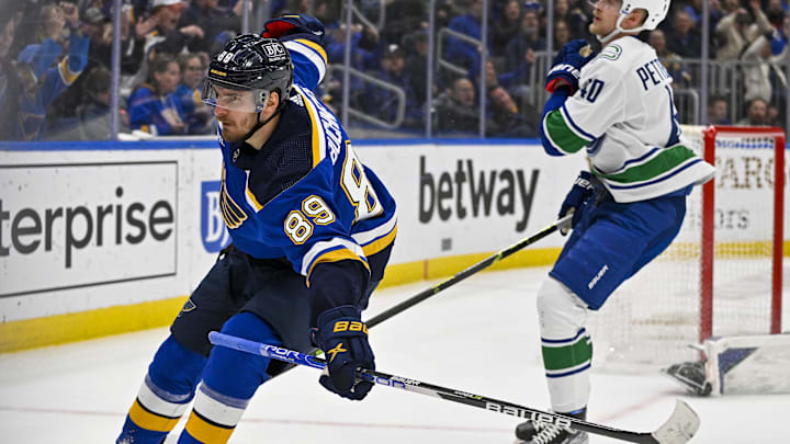 Mar 28, 2023; St. Louis, Missouri, USA;  St. Louis Blues left wing Pavel Buchnevich (89) reacts