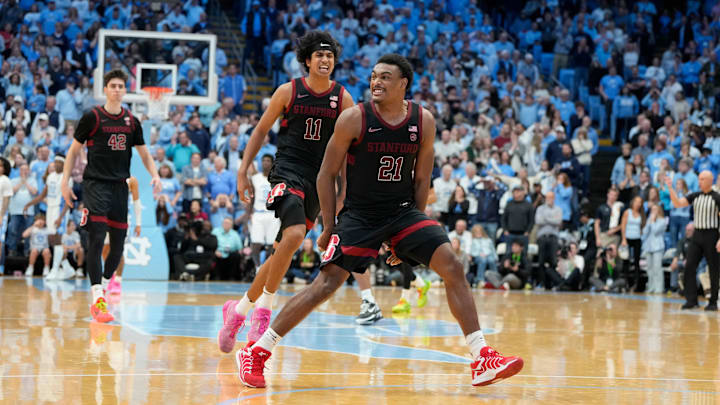 Jan 18, 2025; Chapel Hill, North Carolina, USA; Stanford Cardinal guard Jaylen Blakes (21) reacts with guard Ryan Agarwal (11) after hitting the game winning shot in the second half at Dean E. Smith Center. Mandatory Credit: Bob Donnan-Imagn Images Jan 18, 2025; Chapel Hill, North Carolina, USA; Stanford Cardinal guard Jaylen Blakes (21) reacts with guard Ryan Agarwal (11) after hitting the game winning shot in the second half at Dean E. Smith Center. Mandatory Credit: Bob Donnan-Imagn Images