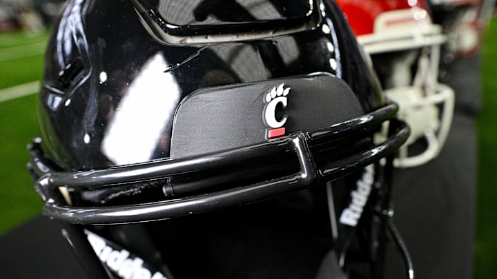 Jul 13, 2023; Arlington, TX, USA; A view of the Cincinnati Bearcats helmet and logo during the Big 12 football media day at AT&T Stadium. Mandatory Credit: Jerome Miron-Imagn Images
