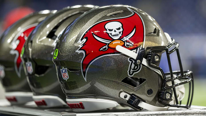 Oct 20, 2025; Detroit, Michigan, USA; The Tampa Bay Buccaneers helmet sits on an equipment locker before the game at Ford Field. Mandatory Credit: David Reginek-Imagn Images