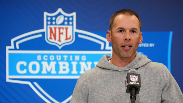 Feb 25, 2025; Indianapolis, IN, USA; Arizona Cardinals coach Jonathan Gannon speaks during the NFL Scouting Combine at the Indiana Convention Center. Mandatory Credit: Kirby Lee-Imagn Images