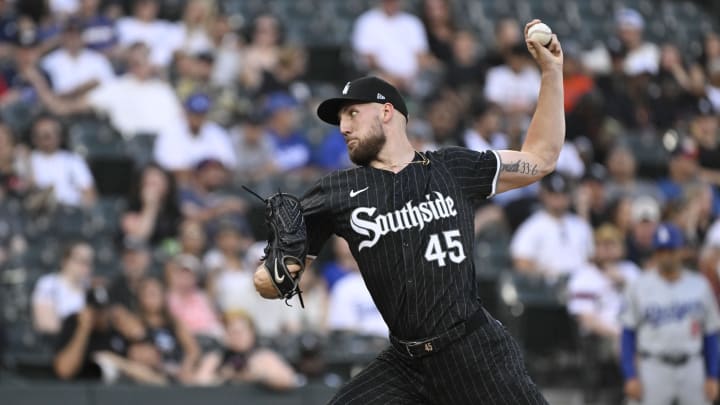 Jun 24, 2024; Chicago, Illinois, USA;  Chicago White Sox pitcher Garrett Crochet (45) delivers against the Los Angeles Dodgers during the first inning at Guaranteed Rate Field.