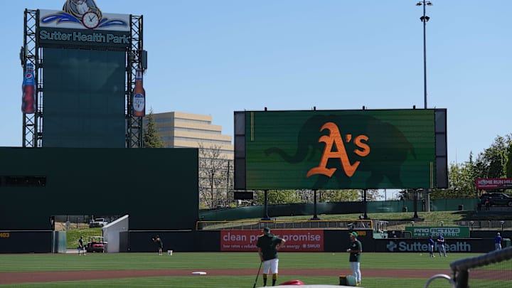 Apr 13, 2025; West Sacramento, California, USA; The main scoreboard displays the Athletics logo before the game against the New York Mets at Sutter Health Park. Mandatory Credit: Darren Yamashita-Imagn Images