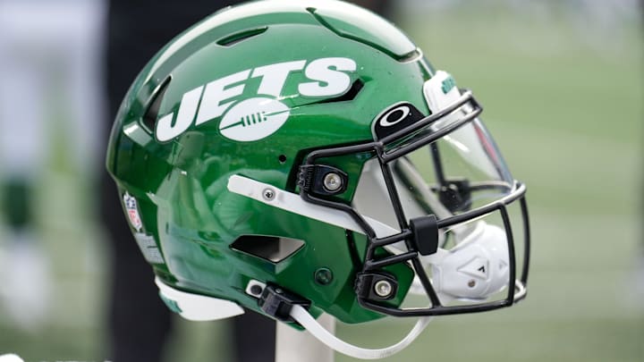Aug 12, 2023; Charlotte, North Carolina, USA; New York Jets helmet during the second quarter against the Carolina Panthers at Bank of America Stadium. Mandatory Credit: Jim Dedmon-Imagn Images