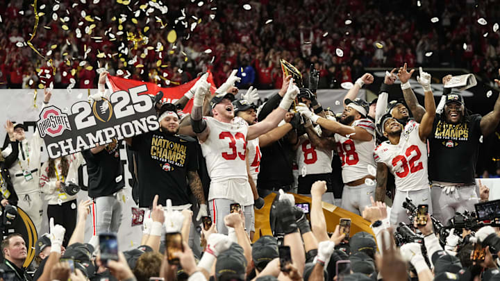 Ohio State Buckeyes celebrate their 34-23 win over Notre Dame Fighting Irish to win the College Football Playoff National Championship at Mercedes-Benz Stadium in Atlanta on January 20, 2025.