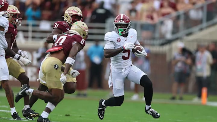 Alabama Wide Receiver Germie Bernard (5) carries the ball against Florida State University at Doak Campbell Stadium in Tallahassee, FL on Saturday, Aug 30, 2025.