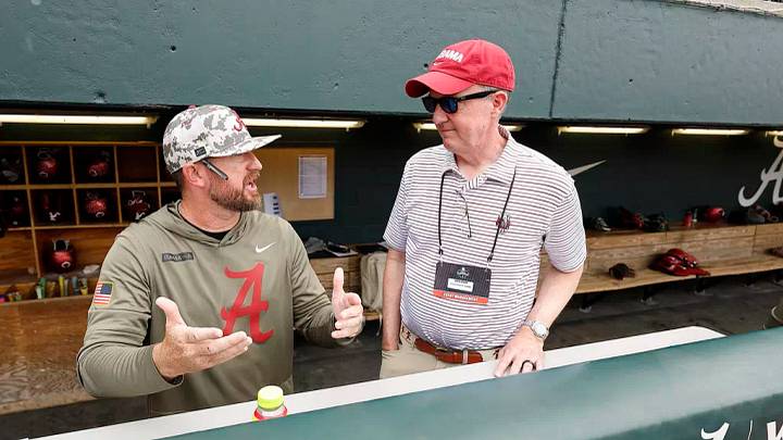 Alabama Head Coach Rob Vaughn and Alabama Director of Athletics Greg Byrne before baseball's game against St. John's during NCAA Super Regionals at Sewell-Thomas Stadium in Tuscaloosa, AL on Monday, Jun 8, 2026. Alabama Head Coach Rob Vaughn and Alabama Director of Athletics Greg Byrne before baseball's game against St. John's during NCAA Super Regionals at Sewell-Thomas Stadium in Tuscaloosa, AL on Monday, Jun 8, 2026.