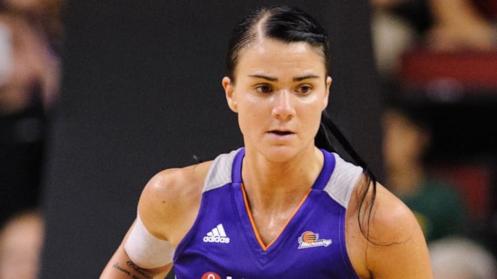 Aug 16, 2012; Seattle, WA, USA; Phoenix Mercury guard Samantha Prahalis (99) dribbles downcourt during the game against the Seattle Storm at KeyArena. Seattle defeated Phoenix 72-58. Mandatory Credit: Steven Bisig-Imagn Images