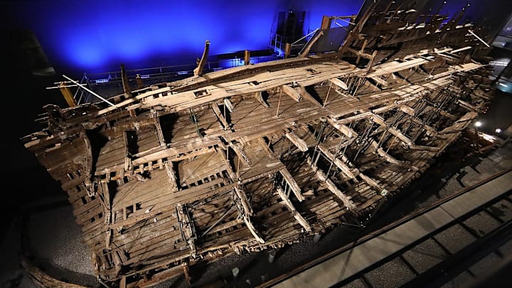 The preserved hull of the Tudor warship ‘Mary Rose.’