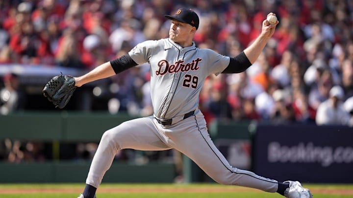 Tigers' pitcher Tarik Skubal throws against Guardians during the second inning at Game 5 of ALDS at Progressive Field in Cleveland, Ohio on Saturday, Oct. 12, 2024.
