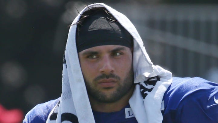 Bills linebacker Matt Milano finds some shade at the end of practice at St. John Fisher University Monday, July 28, 2025 in Pittsford, NY.