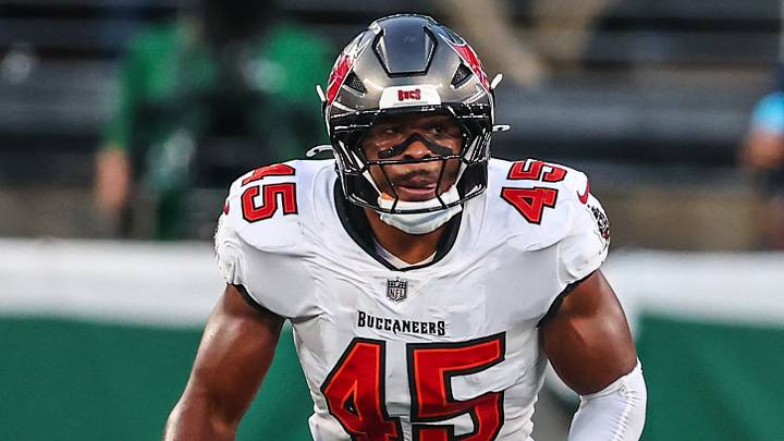 Aug 14, 2026; East Rutherford, New Jersey, USA; Tampa Bay Buccaneers linebacker Josiah Trotter (45) in action against the New York Jets during the first half at MetLife Stadium. Mandatory Credit: Vincent Carchietta-Imagn Images Aug 14, 2026; East Rutherford, New Jersey, USA; Tampa Bay Buccaneers linebacker Josiah Trotter (45) in action against the New York Jets during the first half at MetLife Stadium. Mandatory Credit: Vincent Carchietta-Imagn Images