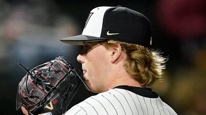 Vanderbilt pitcher Sawyer Hawks (88) sets up to pitch against Xavier during the seventh inning at Hawkins Field in Nashville, Tenn., Friday, March 7, 2025. Vanderbilt won 15-3 in seven innings.
