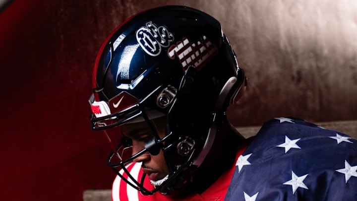 Ole Miss Rebels wide receiver Tre Harris wearing a patriotic uniform. Ole Miss Rebels wide receiver Tre Harris wearing a patriotic uniform.