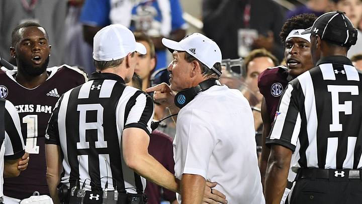 Texas A&M head coach Jimbo Fisher argues a call during the 4th quarter at Texas A&M's Kyle Field in College Station, TX, Saturday, September 8, 2018. Clemson Texas A&M Football Texas A&M head coach Jimbo Fisher argues a call during the 4th quarter at Texas A&M's Kyle Field in College Station, TX, Saturday, September 8, 2018. Clemson Texas A&M Football