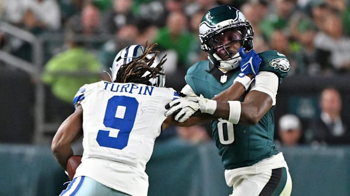 Sep 4, 2025; Philadelphia, Pennsylvania, USA; Dallas Cowboys wide receiver KaVontae Turpin (9) pushes off against Philadelphia Eagles cornerback Adoree' Jackson (8) at Lincoln Financial Field. Mandatory Credit: Eric Hartline-Imagn Images