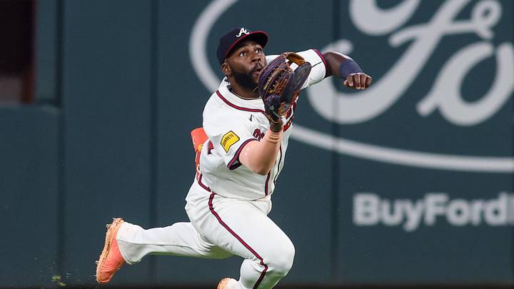 Aug 19, 2025; Atlanta, Georgia, USA; Atlanta Braves center fielder Michael Harris II (23) makes a diving catch against the Chicago White Sox in the ninth inning at Truist Park. Mandatory Credit: Brett Davis-Imagn Images