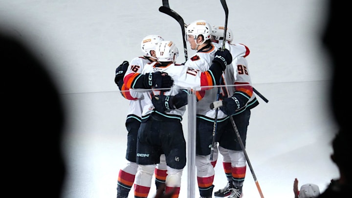 Coachella Valley Firebirds celebrate the overtime 3-2 winning goal by forward Jani Nyman (33) against the San Diego Gulls at Acriure Arena in Palm Desert, Calif., on Sunday, Jan. 5, 2025.