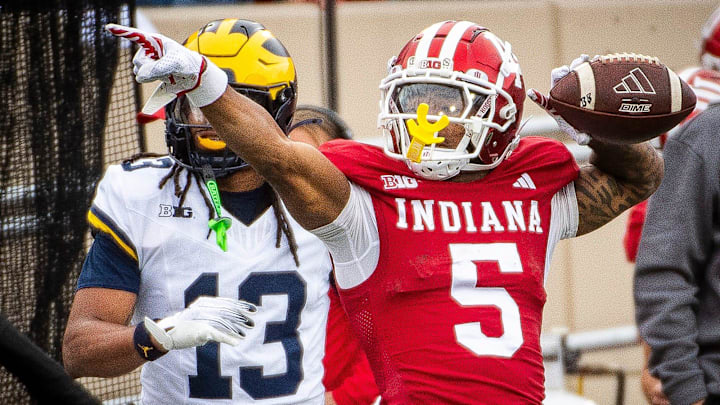 Indiana's Ke'Shawn Williams (5) celebrates a long gain during the Indiana versus Michigan football game at Memorial Stadium on Friday, Nov. 9, 2024.