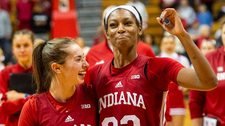 Indiana's Chloe Moore-McNeil (22) and Shay Ciezki (10) celebrate after the Indiana versus Maine women's basketball game at Simon Skjodt Assembly Hall on Sunday, Dec. 1, 2024.