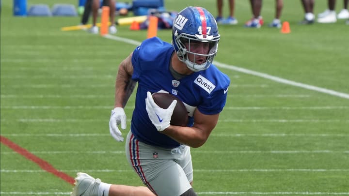East Rutherford, NJ -- June 11, 2024 -- Tight end Theo Johnson at the NY Giants Mandatory Minicamp at their practice facility in East Rutherford, NJ.